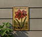 a wooden sign with a large red flower and green leaves, mounted on a wall next to a plant.