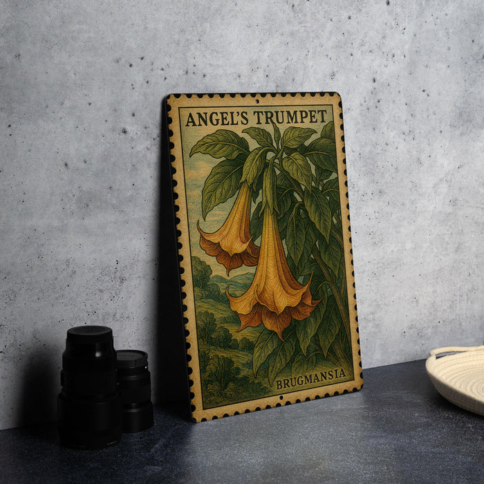 A vintage-style metal stamp depicting a trumpet flower, with the text "ANGEL'S TRUMPT" and "BRUGMANSIA" printed on it.