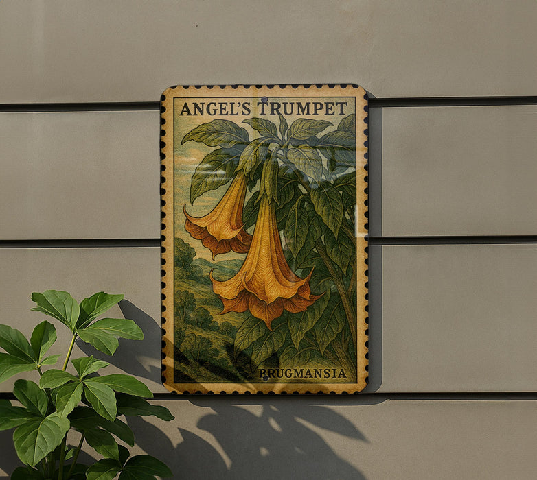 A vintage-style poster of a trumpet flower is displayed on a wall, with a plant to the left.
