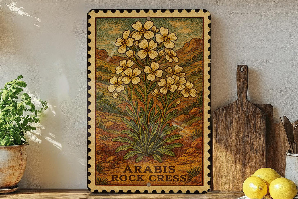 a framed illustration of a desert plant with yellow flowers, placed on a shelf next to a wooden cutting board and a potted plant.