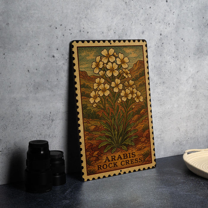 A framed illustration of a desert landscape with yellow flowers is displayed on a wall, accompanied by a stack of black camera lenses and a white dish.