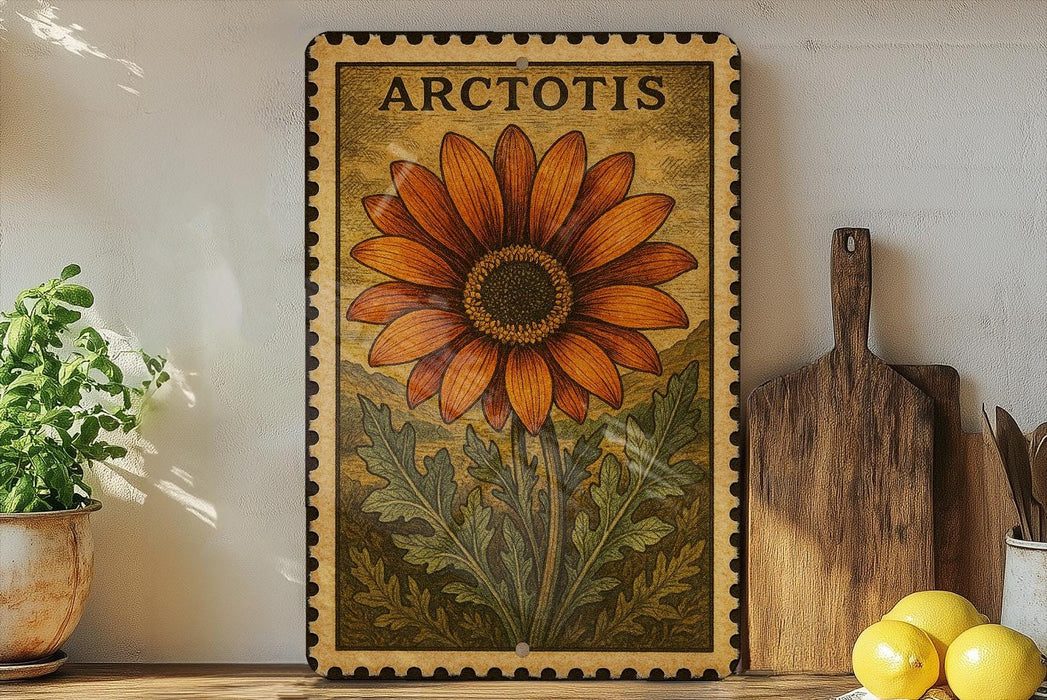 a framed illustration of a sunflower, a potted plant, and a wooden cutting board on a shelf.