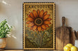 a framed illustration of a sunflower, a potted plant, and a wooden cutting board on a shelf.