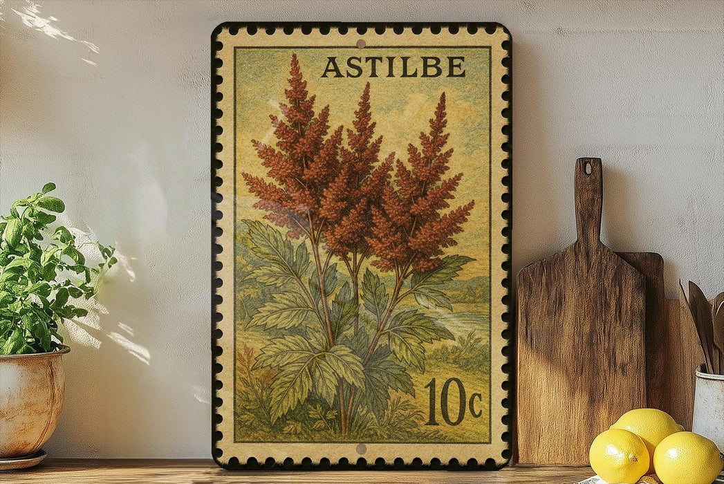 a vintage-style stamp with a floral design, placed on a shelf next to a wooden cutting board and some potted plants.