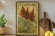 a vintage-style stamp with a floral design, placed on a shelf next to a wooden cutting board and some potted plants.