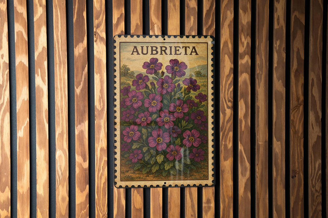 A vintage-style metal plaque with the word "AUBRIETA" printed on it, featuring a floral illustration of purple flowers.