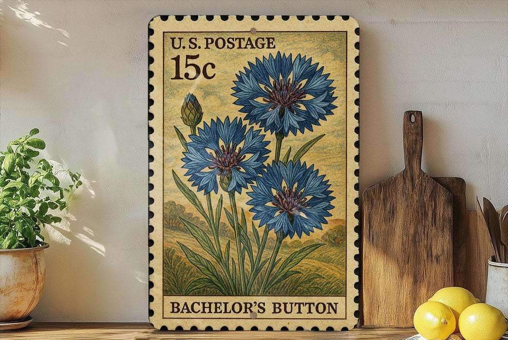 A vintage U.S. postage stamp featuring a blue flower design, placed on a wooden surface next to a wooden cutting board and a potted plant.