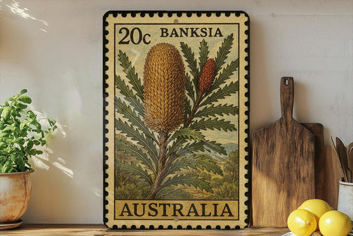 a 20c Australian postage stamp with a detailed illustration of a flowering plant, placed on a wooden surface next to a wooden cutting board and a potted plant.