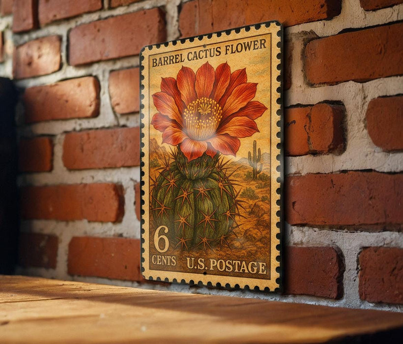 A wooden postcard featuring a large cactus flower on a brick wall.