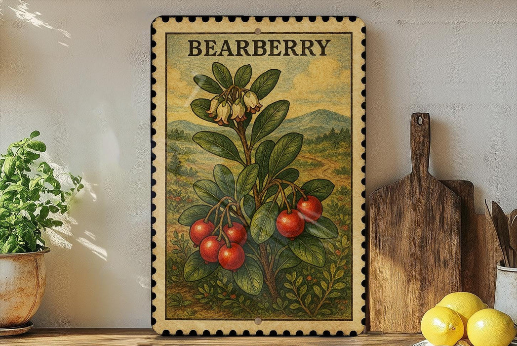A framed illustration of a bearberry plant with red berries is displayed on a shelf, accompanied by a wooden cutting board, a potted plant, and a lemon.