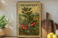 A framed illustration of a bearberry plant with red berries is displayed on a shelf, accompanied by a wooden cutting board, a potted plant, and a lemon.