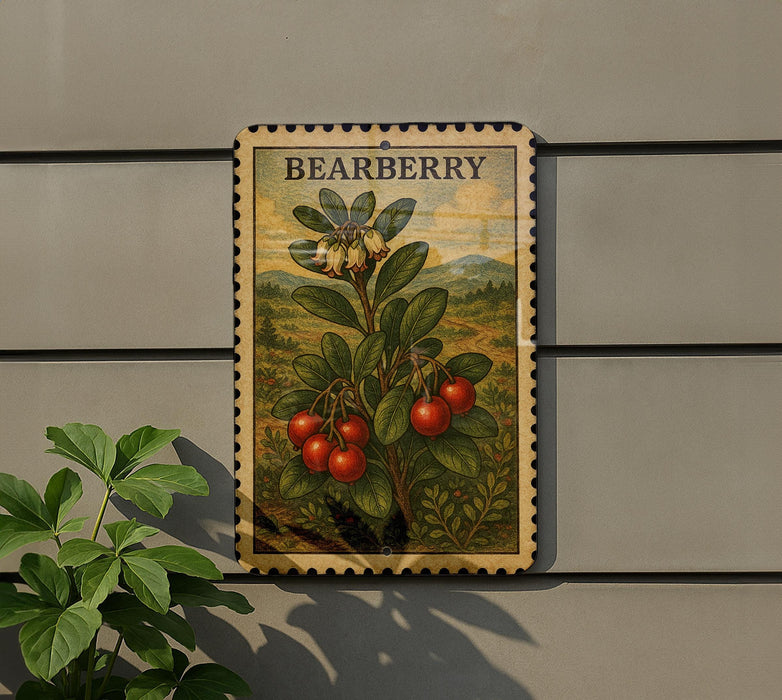 A vintage-style stamp-like sign with the word "BEARBERRY" printed on it, featuring a detailed illustration of a bearberry plant with red berries.