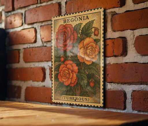 A vintage-style postage stamp featuring a floral illustration of a tulip, hanging on a brick wall.