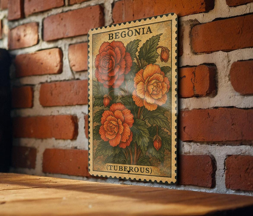 A vintage-style postage stamp featuring a floral illustration of a tulip, hanging on a brick wall.