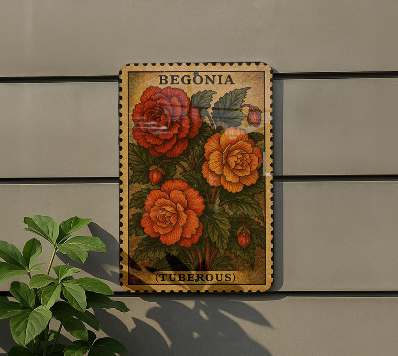 A vintage-style metal sign with a floral illustration of red and orange flowers, mounted on a wall next to a plant.