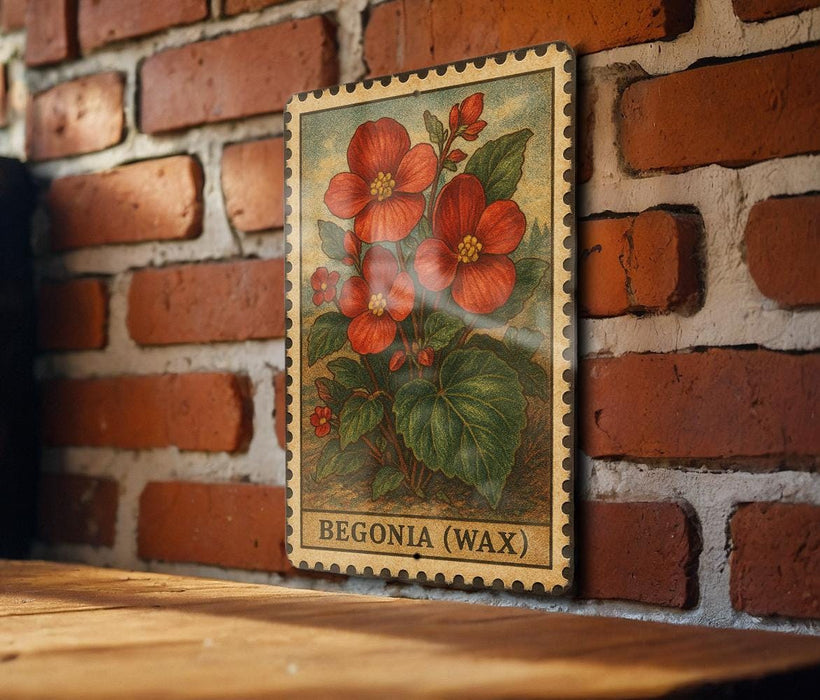 A framed illustration of red flowers is hanging on a brick wall, with the word "Begonia (Wax)" written below the image.