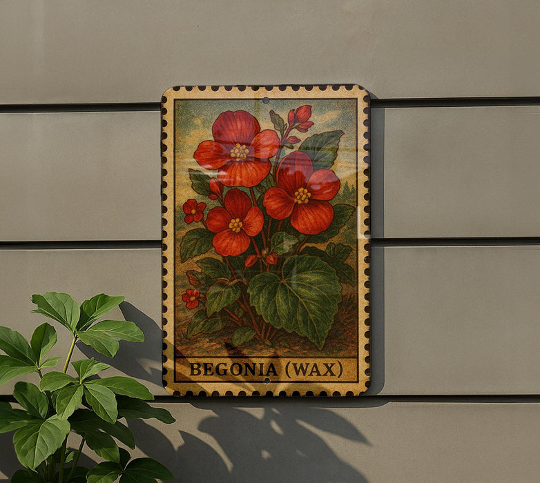 a framed illustration of red flowers on a wall, with the word "BEGONIA (WAX)" printed below the artwork.