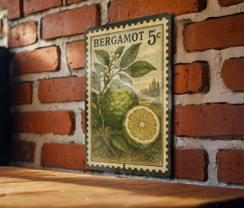 A vintage-style postage stamp featuring a lemon and a leaf, mounted on a brick wall.