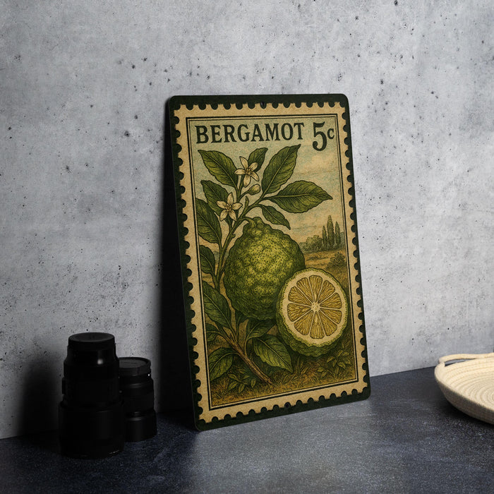 A vintage postage stamp featuring a lemon and a flower, with the text "BERGAMOT 5c" printed on it.