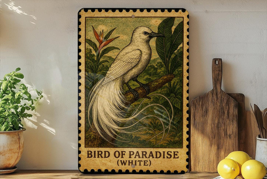 A framed illustration of a white bird, possibly a parrot, perched on a branch with tropical foliage, is displayed on a shelf next to a wooden cutting board and a potted plant.