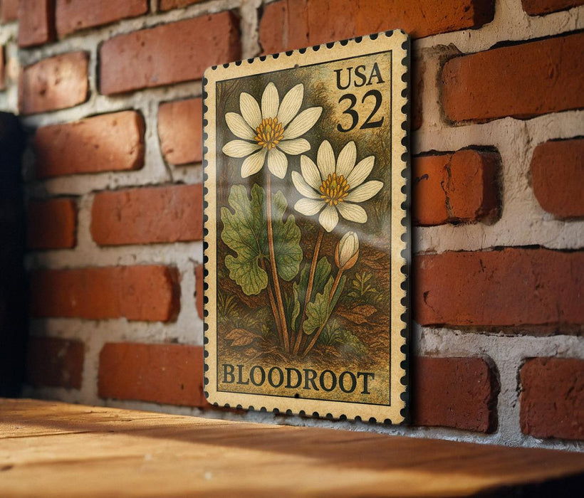 A framed image of a white flower with green leaves, mounted on a brick wall.