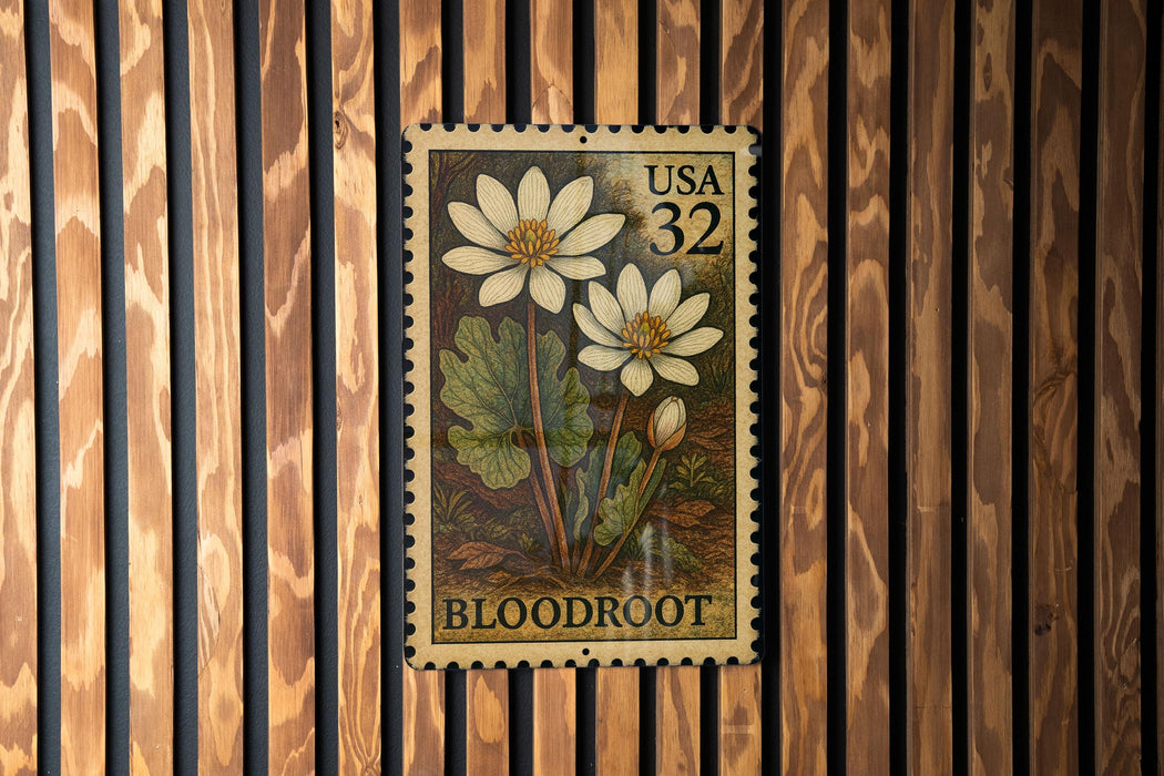 A US postage stamp featuring a floral design with two white flowers and green leaves, mounted on a wooden wall.