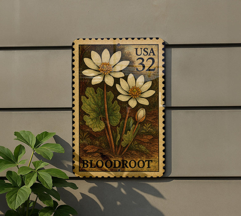 A postage stamp featuring two white flowers with green leaves, mounted on a wall next to a plant.