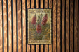 A framed stamp or postcard with a floral design, mounted on a wooden wall.