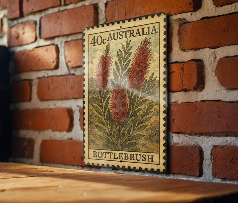 a vintage-style stamp or label with a floral design, mounted on a brick wall.