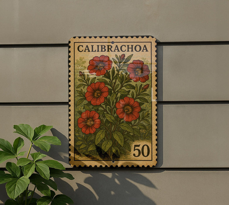 A vintage-style postage stamp featuring a floral design with red flowers and green leaves, mounted on a wall.