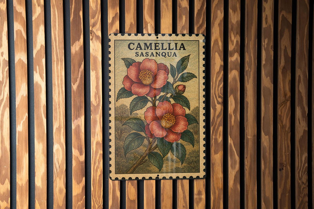 a vintage-style stamp or postcard with a floral illustration, mounted on a wooden wall.