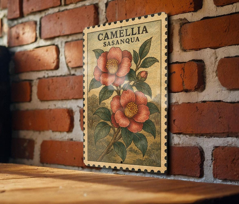 A vintage-style postage stamp featuring a floral illustration of two red flowers against a brick wall background.