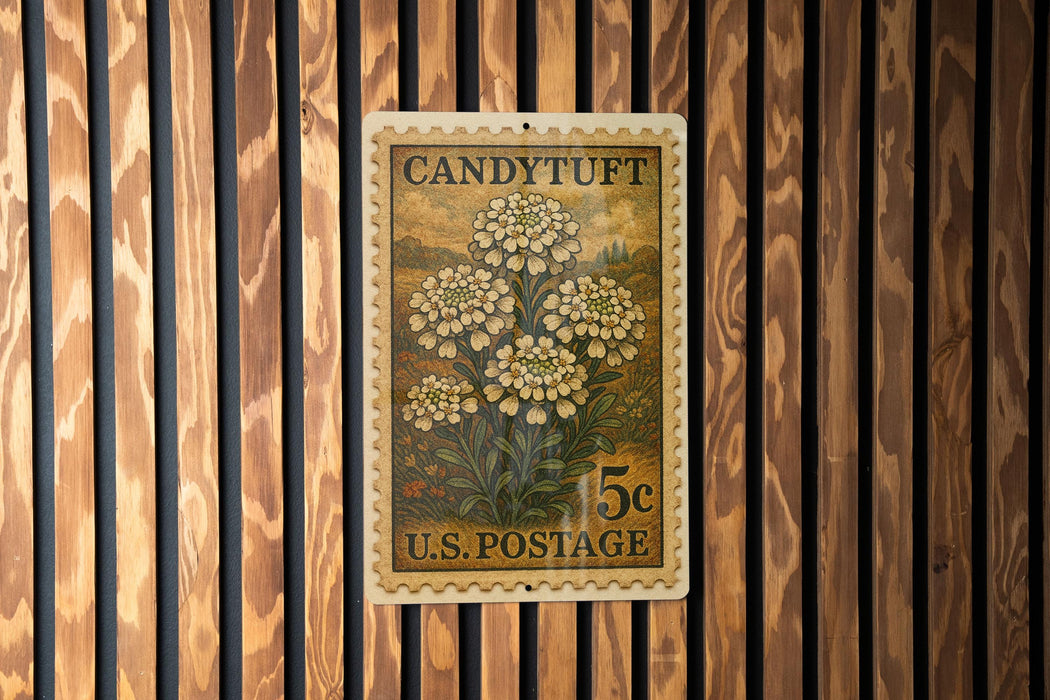 A vintage U.S. postage stamp featuring a floral design is displayed on a wooden wall.