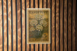 A vintage U.S. postage stamp featuring a floral design is displayed on a wooden wall.