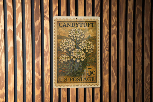 A vintage U.S. postage stamp featuring a floral design is displayed on a wooden wall.