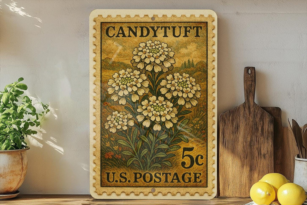 A vintage-style postage stamp featuring a floral design, placed on a shelf next to a wooden cutting board and some potted plants.