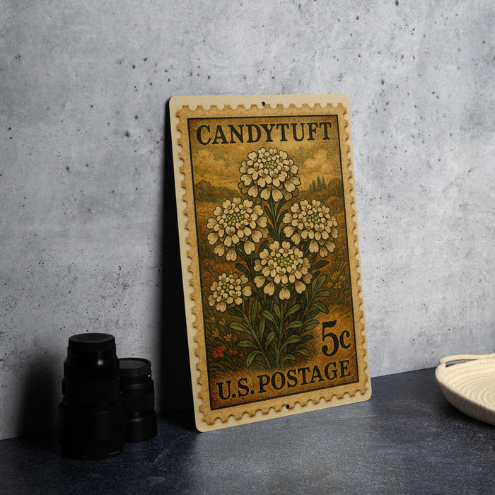A vintage-style 5c U.S. postage stamp featuring a floral design, placed on a gray countertop next to some black camera lenses.