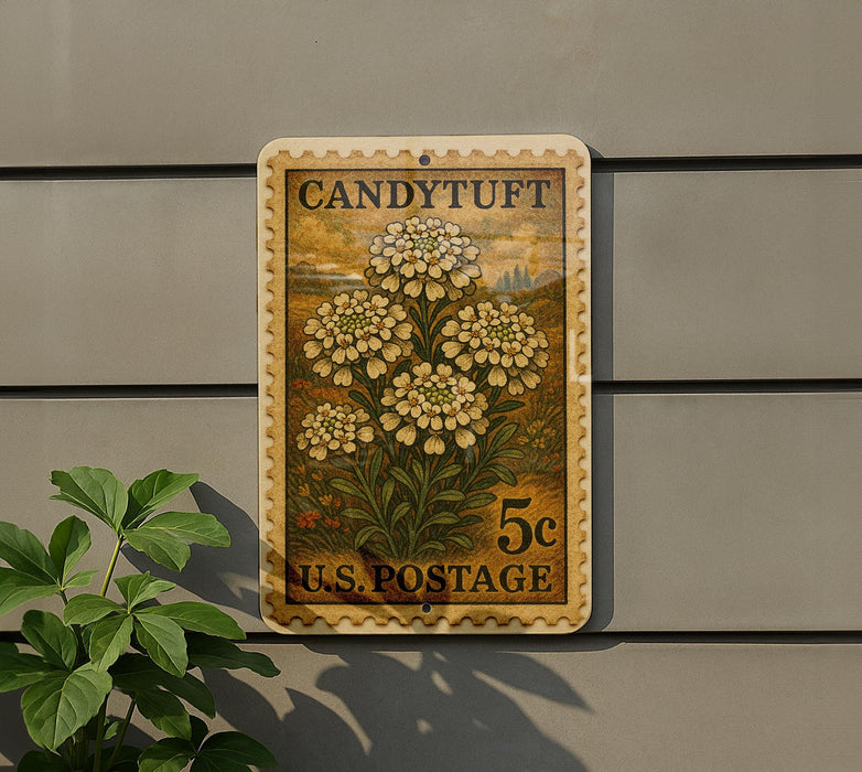 A vintage-style U.S. postage stamp featuring a floral design is mounted on a gray wall, with a small green plant to the left.