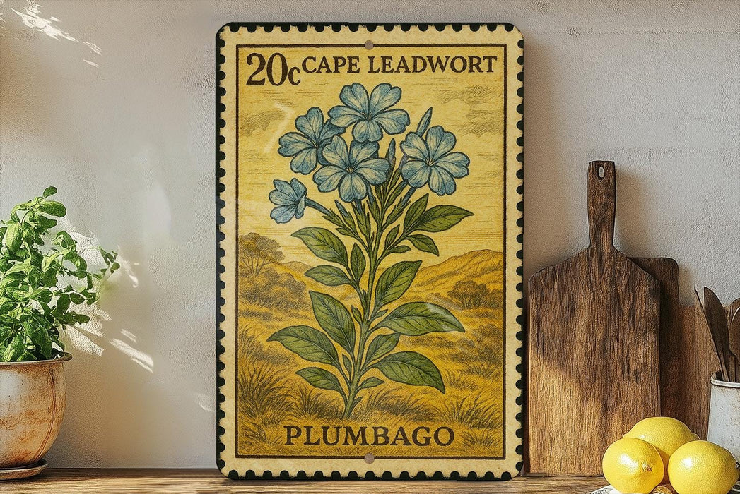 A 20 Cape Leadwort stamp from Plumbago is displayed on a shelf, accompanied by a potted plant, a wooden cutting board, and some lemons.