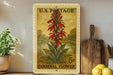 A vintage U.S. postage stamp depicting a red cardinal flower, placed on a wooden surface next to a wooden cutting board and a potted plant.