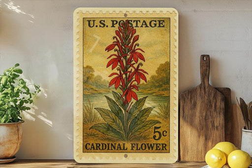 A vintage U.S. postage stamp depicting a red cardinal flower, placed on a wooden surface next to a wooden cutting board and a potted plant.