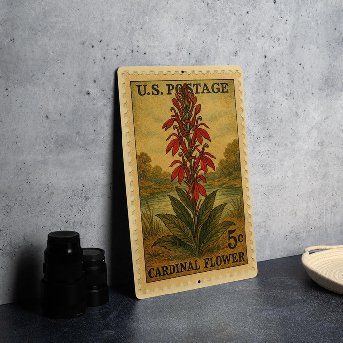 A U.S. postage stamp featuring a vibrant illustration of a red cardinal flower, placed on a dark surface next to some black camera lenses.