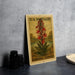 A U.S. postage stamp featuring a vibrant illustration of a red cardinal flower, placed on a dark surface next to some black camera lenses.