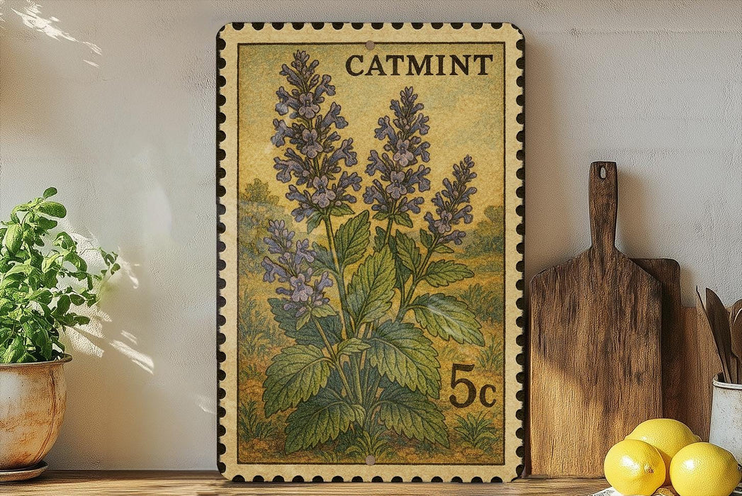 A framed illustration of purple flowers is displayed on a shelf, accompanied by a wooden cutting board, a potted plant, and a lemon.