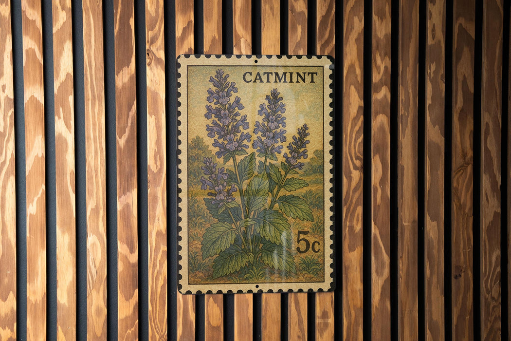 A vintage postage stamp featuring a depiction of purple flowers, mounted on a wooden wall.