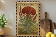 a framed illustration of a red flower, possibly a celery, on a shelf next to a wooden cutting board and some lemons.