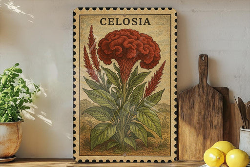 a framed illustration of a red flower, possibly a celery, on a shelf next to a wooden cutting board and some lemons.