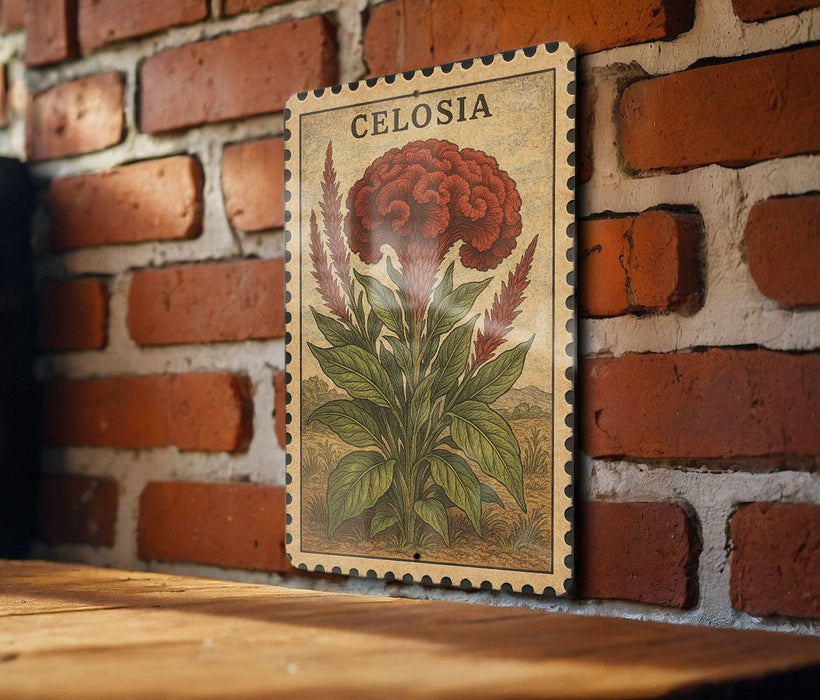 a vintage-style stamp or postcard with a large illustration of a red flower, possibly a carnation, on a brick wall.