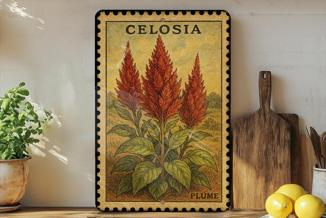 a decorative metal plate with a vibrant illustration of red flowers, placed on a wooden shelf next to a wooden cutting board and a potted plant.