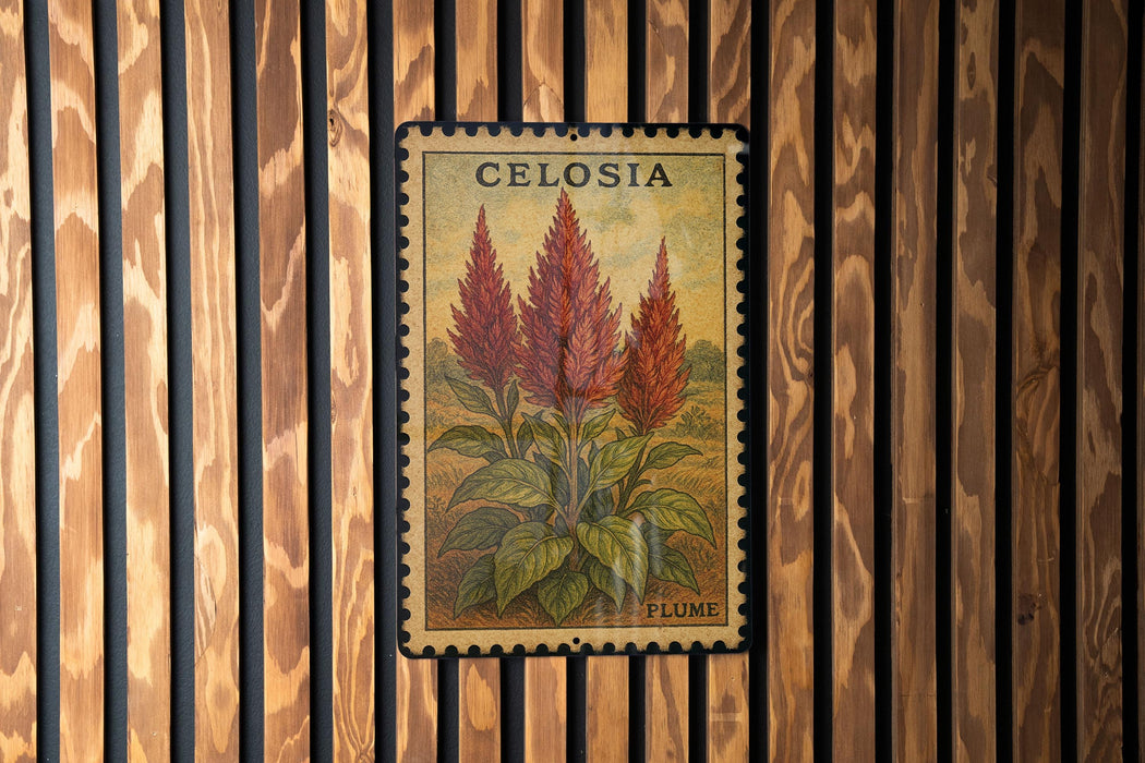 a vintage Celosia plant depicted on a postage stamp, which is hanging on a wooden wall.